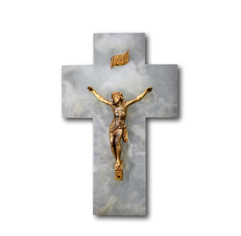 French Antique Onyx Plaque Crucifix Green Wall Cross And Gold Patina Christ