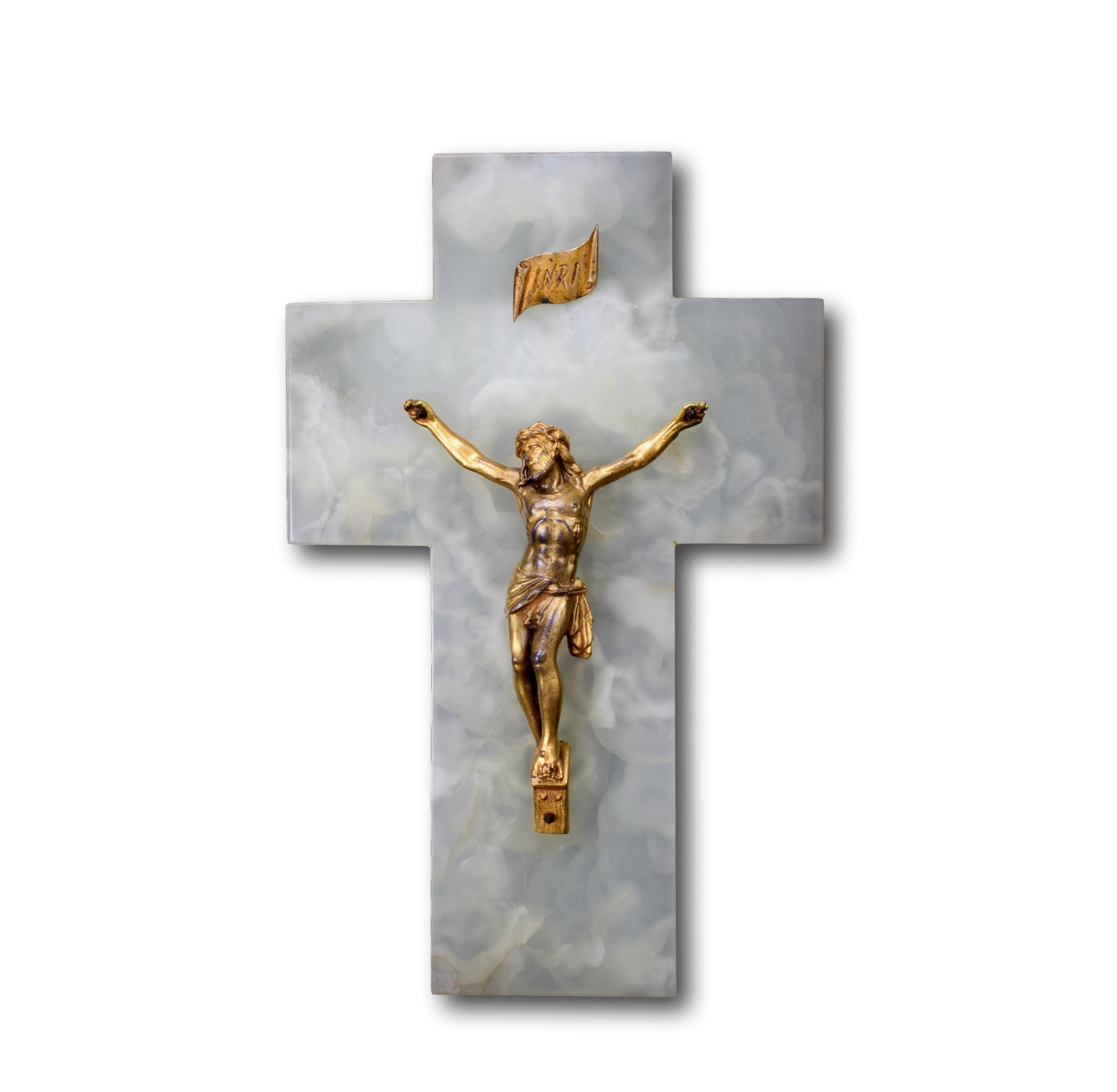 Français Antique Onyx Plaque Crucifix, Vert Mur Croix et Patine Or Jésus Christ
