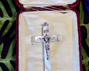 Antique Mother of Pearl and Silver Necklace Cross Pendant, French Pectoral Crucifix for Men or Women, Holy Communion Gift Necklace