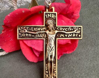 Art Deco Gilt Bronze Pectoral Cross Pendant for Men, Crucifix Necklace by Fernand PY