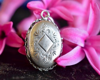Antique Silver Locket, Victorian French Engraved Photo Medallion Jewelry, Gift for Her or Him