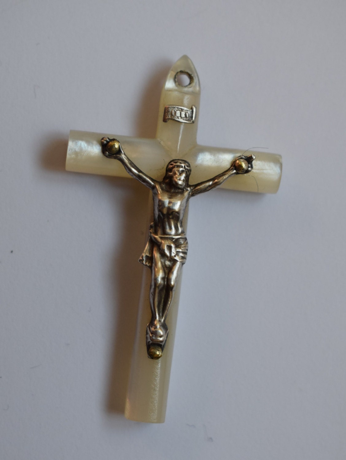 Nacre Religieux Français et Pendentif Médaille en Argent Sterling Croix Crucifix - Communion Cadeau