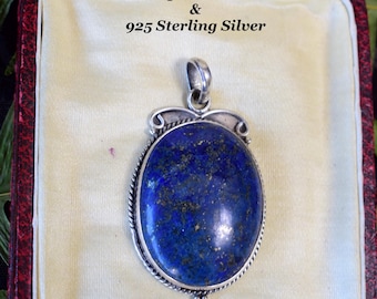 Lapis Lazuli 925 Silver Pendant, Vintage Large Blue Oval Handmade Gemstone Boho Jewelry, Birth Stone Gift September
