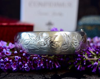 Antique 1900's Silver Engraved Bird Butterfly Bangle, Victorian Hinged Bracelet, Cuff Bracelet, Gift for Her