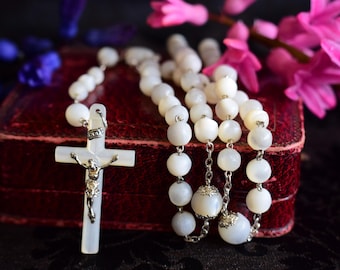Mother of Pearl Beads Rosary, Antique French Catholic Chaplet, Religious Gift, Mary and Jesus Prayer