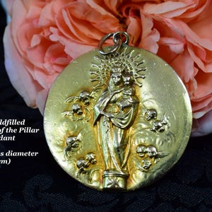 Our Lady of the Pillar Medal Pendant, Antique 18K Goldfilled Mother Mary Amulet Necklace, Gift For Her or Him, Catholic Jewelry