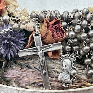 Vintage 925 Silber Perlen Rosenkranz für Heilige Kommunion Geschenk, katholische Gebetskette