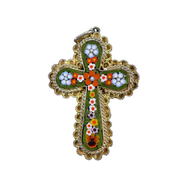 Pendentif Croix En Micro Mosaïque Doré - Occasion, Belle Pièce Vintage