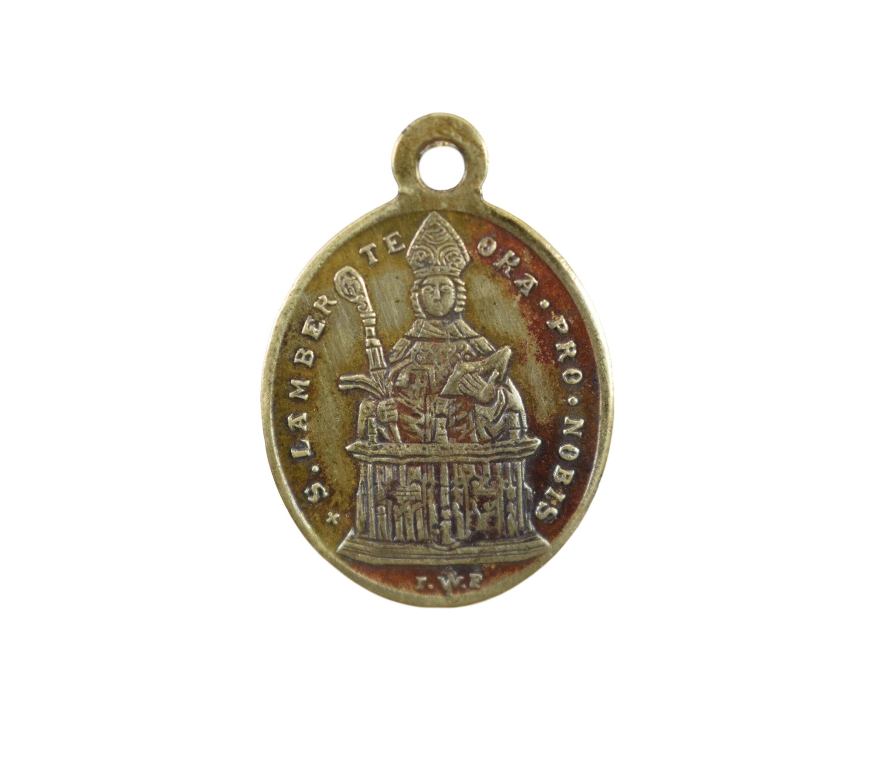 Antique Saint Lamberte Brass Medal Madonna & Child Pendentif Sancta Maria Patrona
