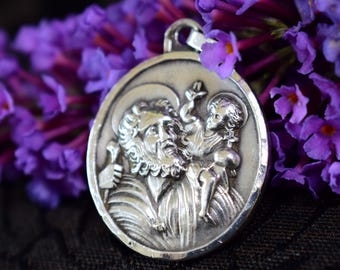 Gran colgante vintage de San Cristóbal de plata, colgante religioso para hombre, regalo para él