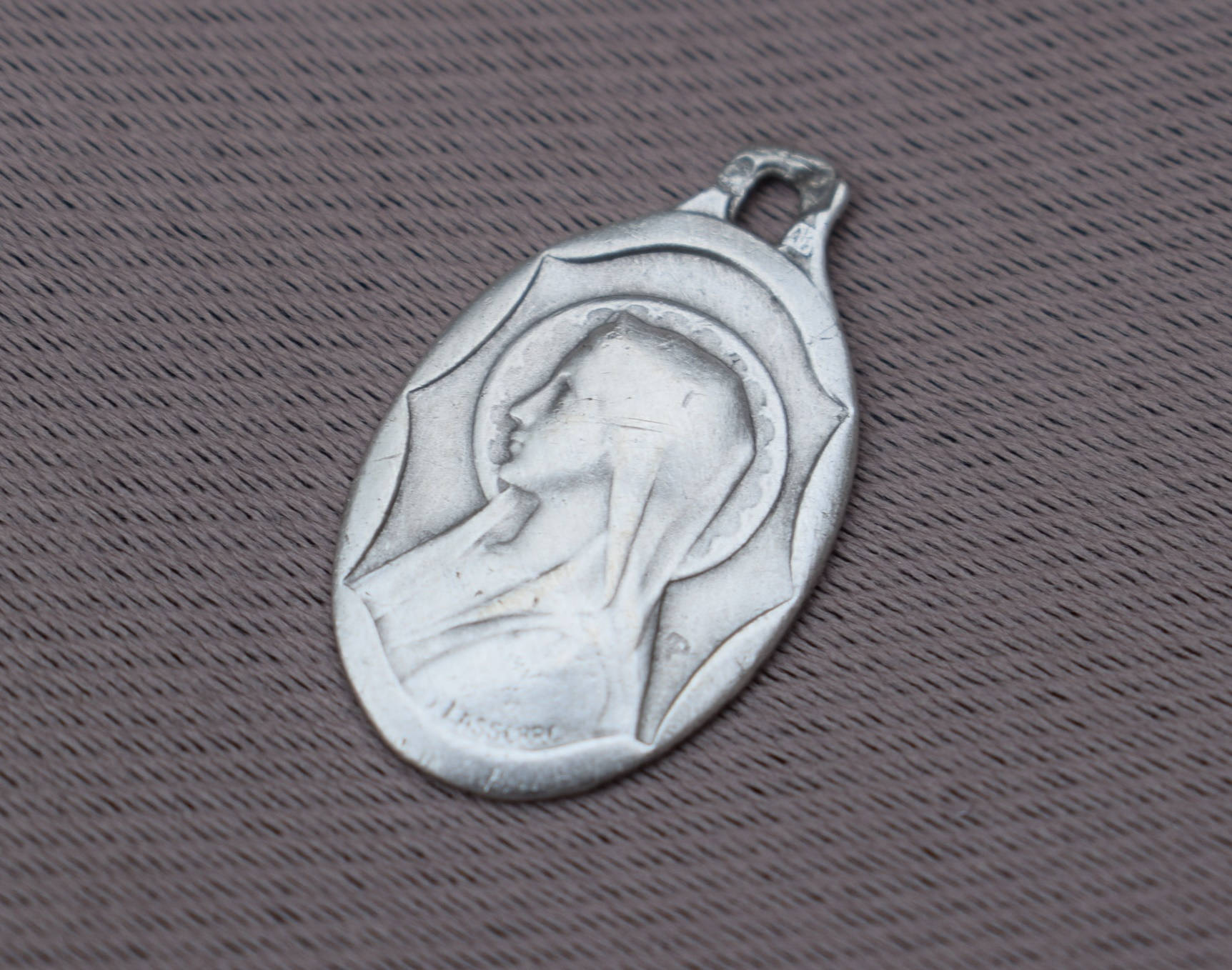 Français Antique Sterling Argent Petite Vierge Marie Portrait Medal - Lasserre Religious Pendant Cha