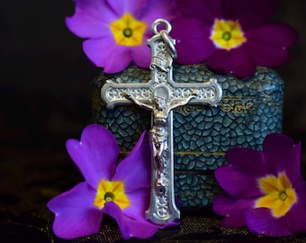 Silver Cross Pendant, Crucifix Medal Necklace, Vintage Men Jewelry, Heirloom Pendant, Communion Gift