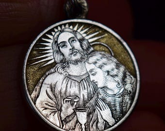 Rare Communion Sterling Silver Medal, Engraved Antique Pendant, Gold and Silver Religious Jewelry