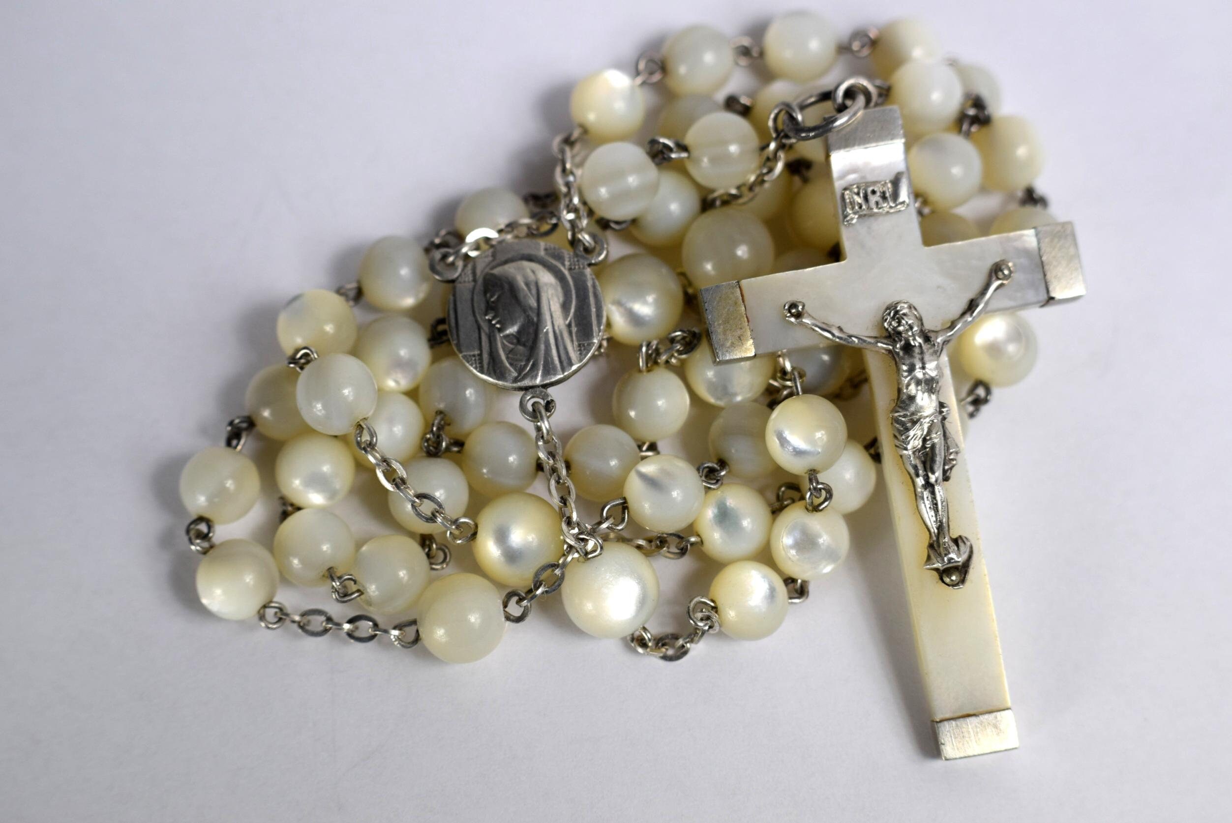 Français Perles de Nacre Art Déco & Rosaire en Argent Sterling, Chapelet Collier Religieux Mop, Cade