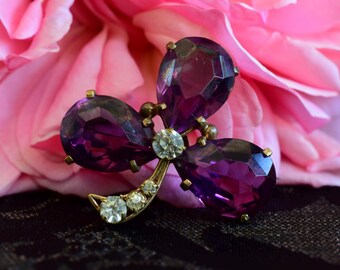 Victorian Amethyst Purple Paste Shamrock Brooch Lucky Three Leaf Clover Trefoil Pin Brooch
