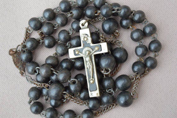 Vintage Français Chapelet - Collier Religieux de Perles en Bois Ébène Incrustations Croix Cadeau Mar