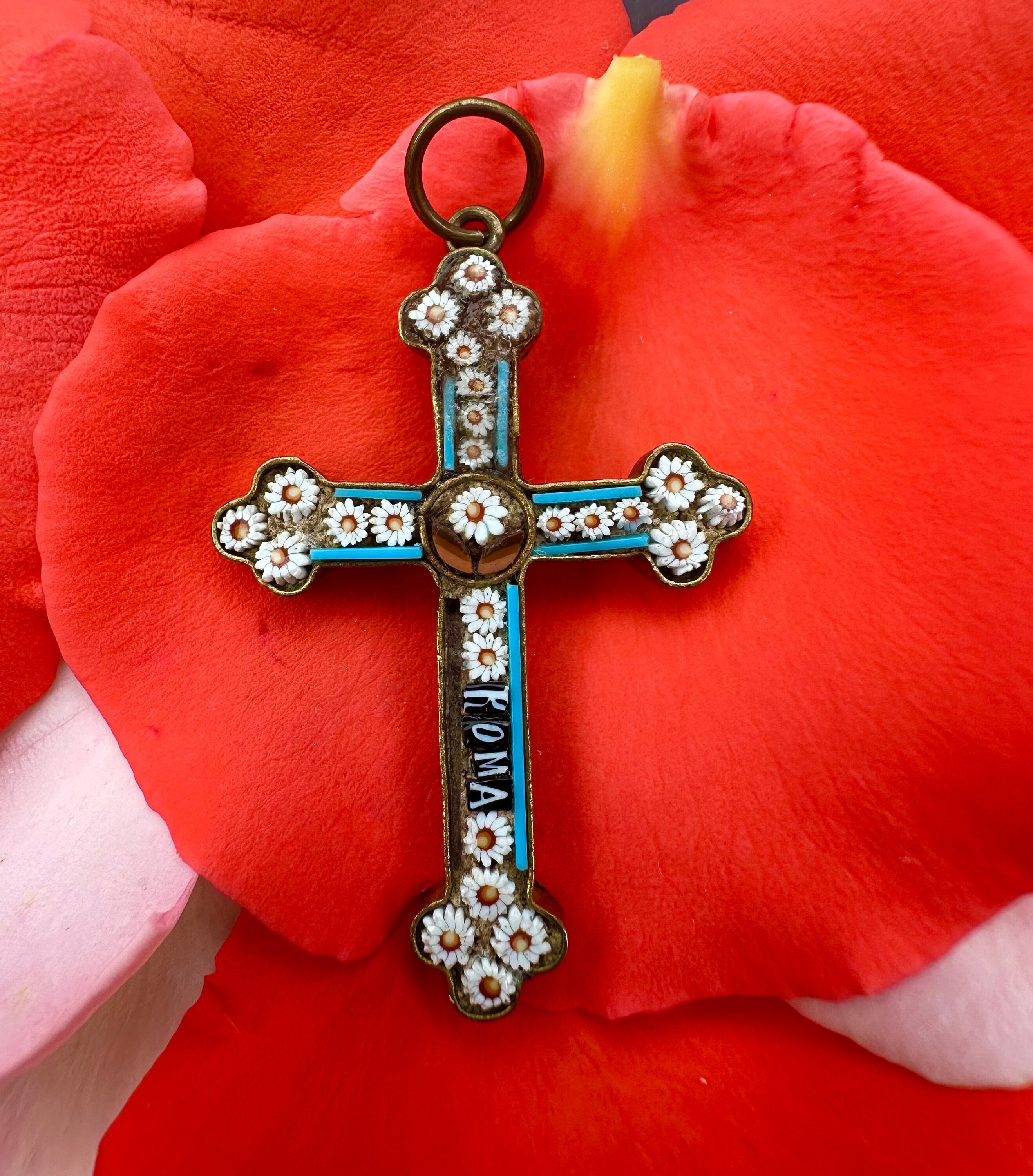 Antique Italian Micro Mosaic Cross Pendant With Floral Antique Italian Micro Mosaic Cross Pendant With Floral