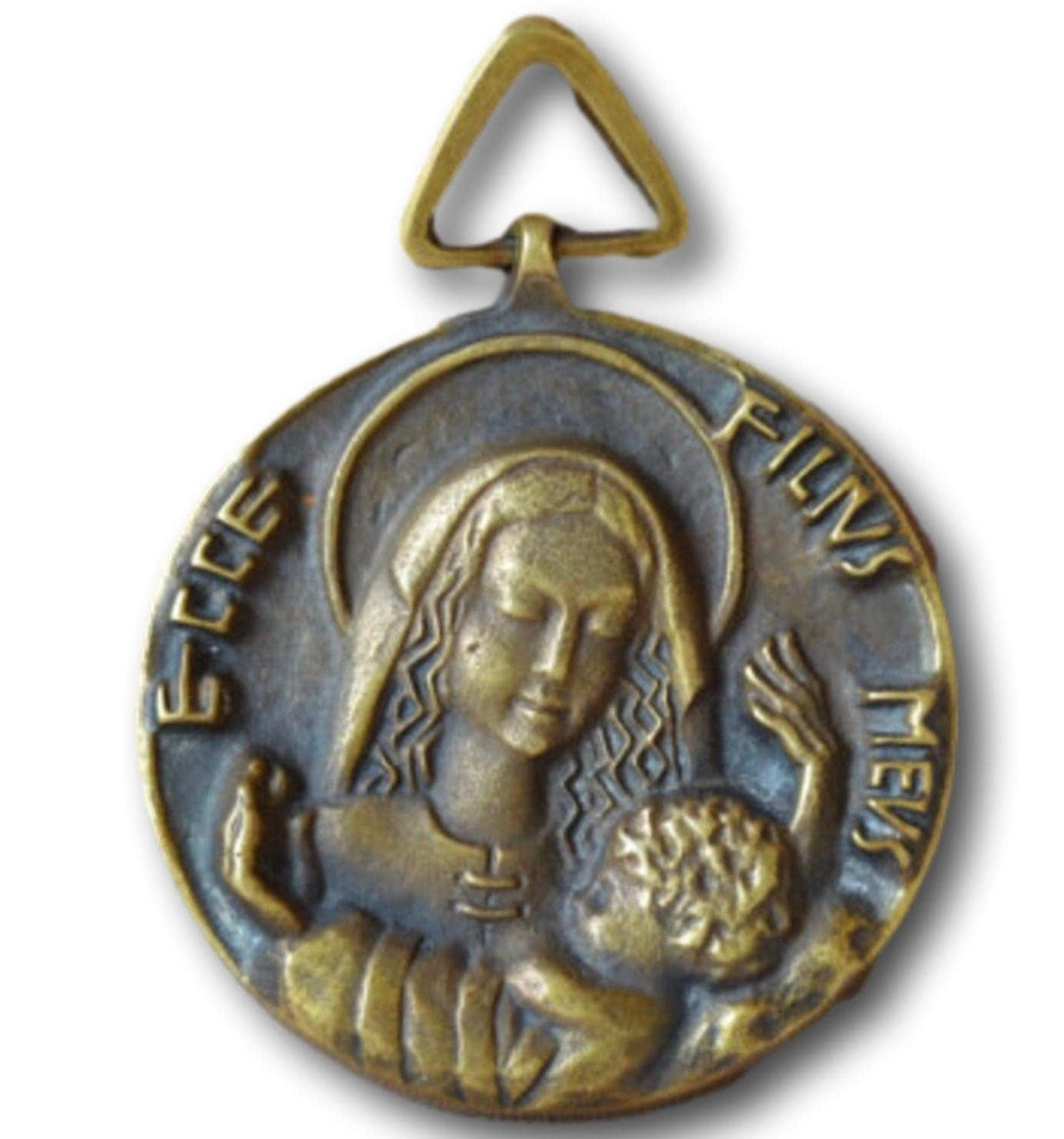 Français Elie Pellegrin Grand Berceau en Bronze Pendentif - Vierge Marie Enfant Jésus Chrst Bébé Méd