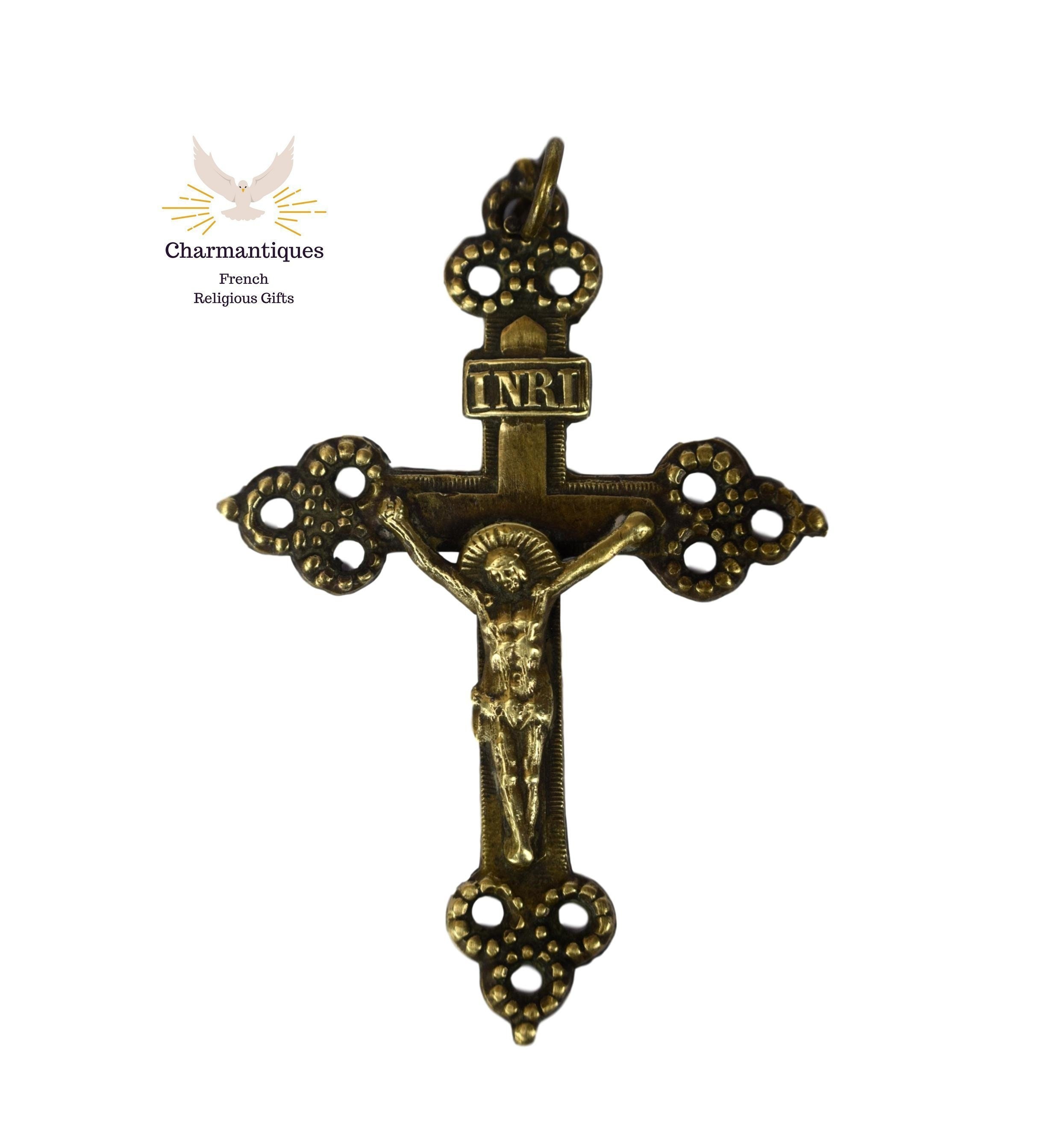Religieuse Antique en Laiton Français Crucifix Pendentif Croix Pectorale 19Ème Siècle