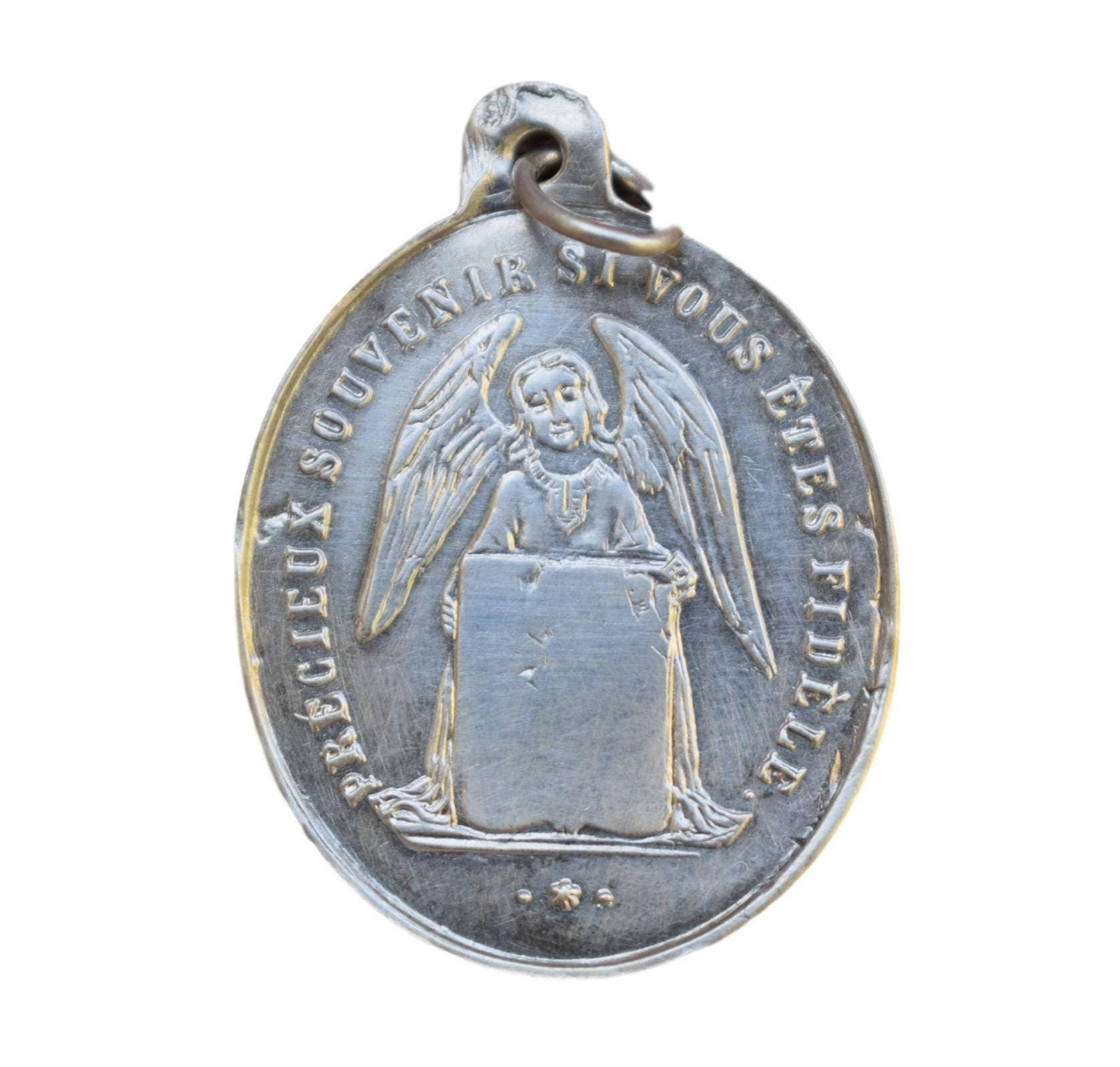 Français Antique First Communion Medal - Sterling Silver Old Pendant Charm Angel Souvenir Collier