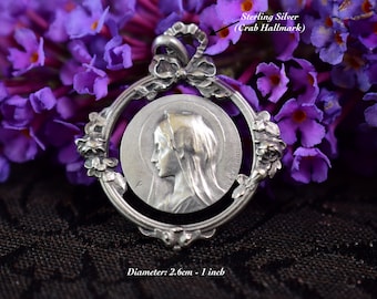 Edwardian Silver Mary Pendant, Openwork Medal of Communion by Lasserre, 1900s Heirloom Jewelry, Christening Gift For her