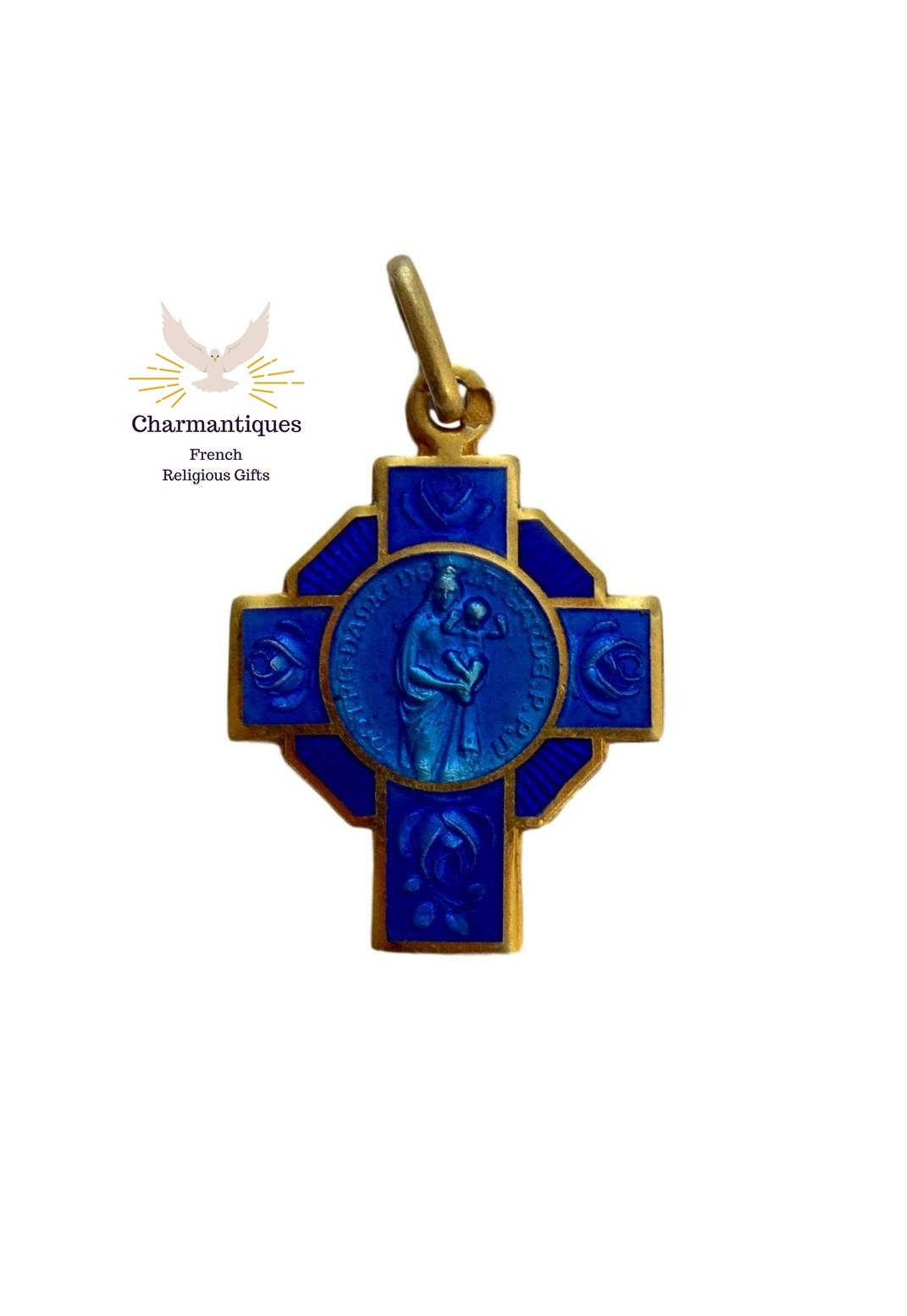 Médaille Notre-Dame de Laghet, Français Vintage Or Sterling Argent Bleu Croix en Émail Pendentif, Ch