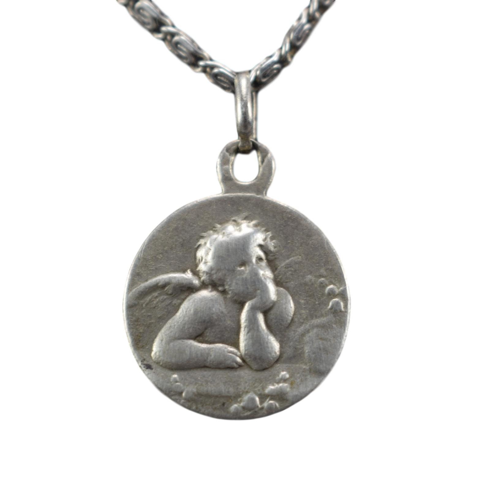 Angel Sterling Silver Medal Antique Français Angel Pendentif Charm For Baptism Communion Gift For