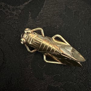 c1910s Brass Cicada Brooch, Vintage Bug Jewelry Pendant, Insect Lover Gift for Her or Him