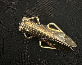c1910s Brass Cicada Brooch, Vintage Bug Jewelry Pendant, Insect Lover Gift for Her or Him