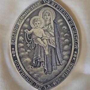 Large Engraved Medal of Virgin Mary and Jesus, French Antique 1800&#39;s Religious Jewelry, Confraternity of Holy Virgin, Gift For Her