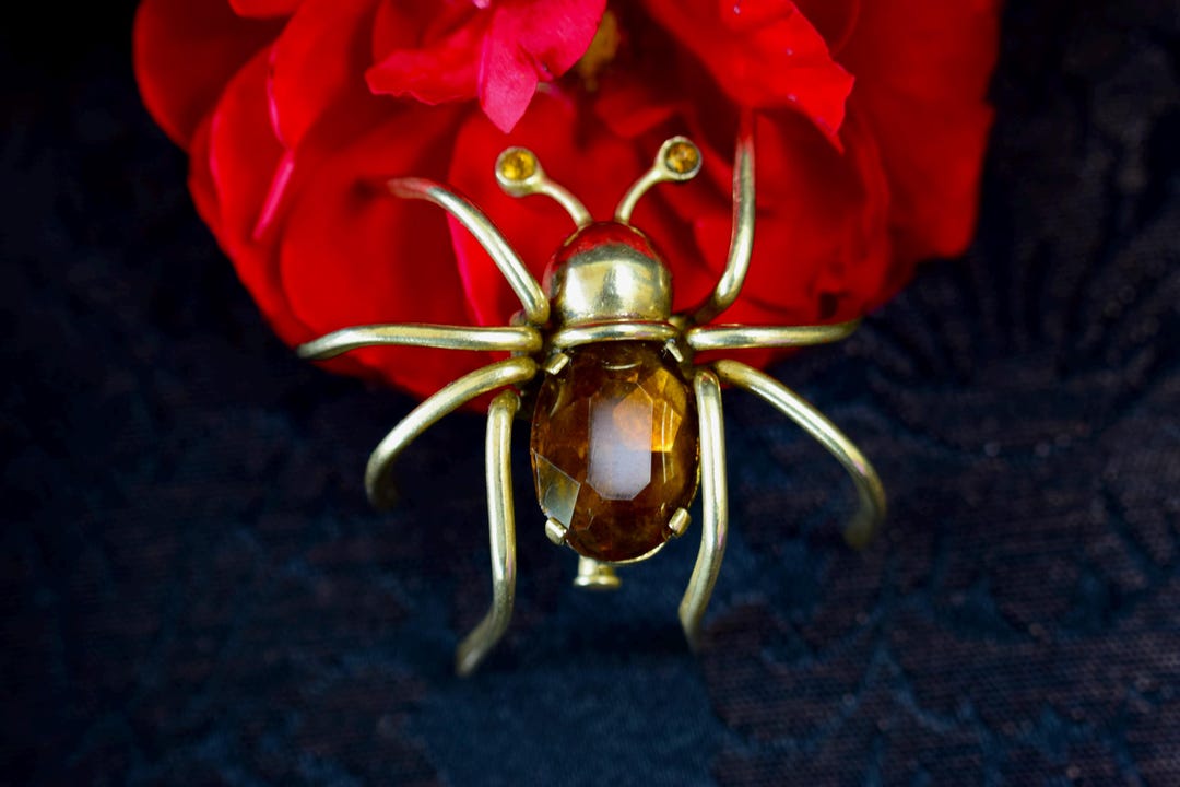 Broche Ancienne Araignée En Laiton Et Pierre Verte - Numérotée 162 - Vintage