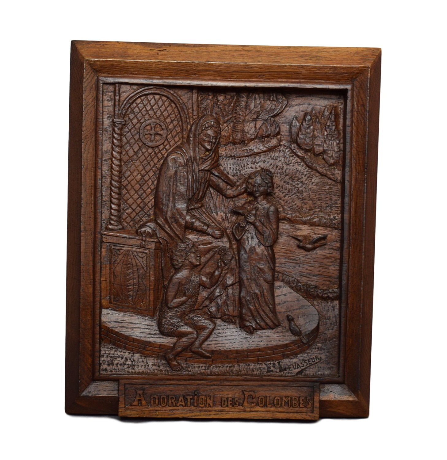 Français Ancien Sculpté Panneau Religieux en Bois de Chêne - L'adoration Colombes Par Le Sculpteur E