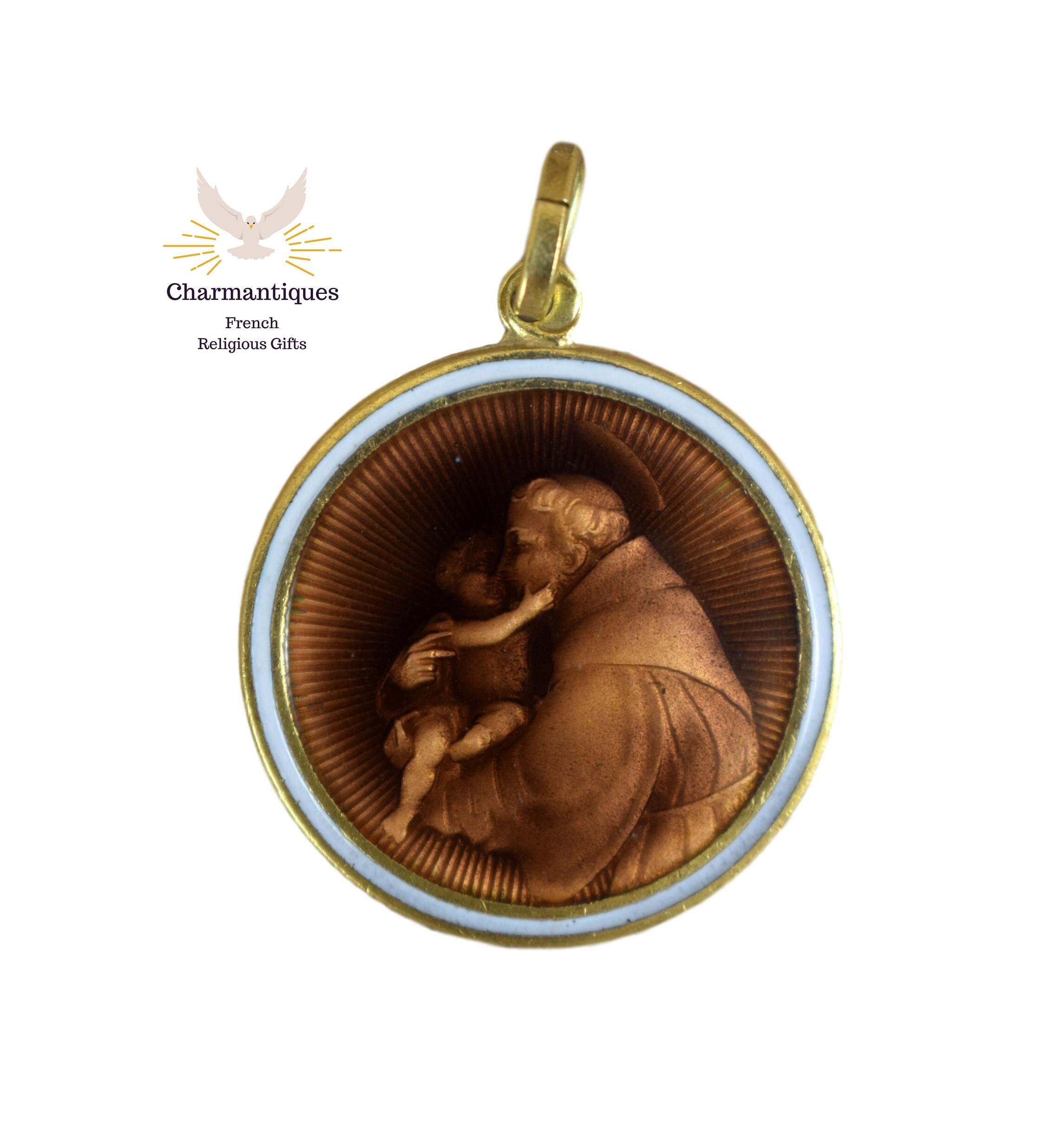 Grande Médaille Saint Antoine d'émail de Padoue, Vintage Français Pendentif en Émail Brun, Cloisonne