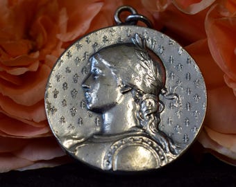 Vintage hanger St. Jeanne d'Arc, authentieke antieke zilveren katholieke medaille, religieuze sieraden, cadeau voor haar