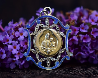 INCREDIBLE Silver Gold Communion Medal, Blue Enamel Rhinestone Pendant, Eucharist Jewelry, Spiritual Gift Holy Communion Necklace