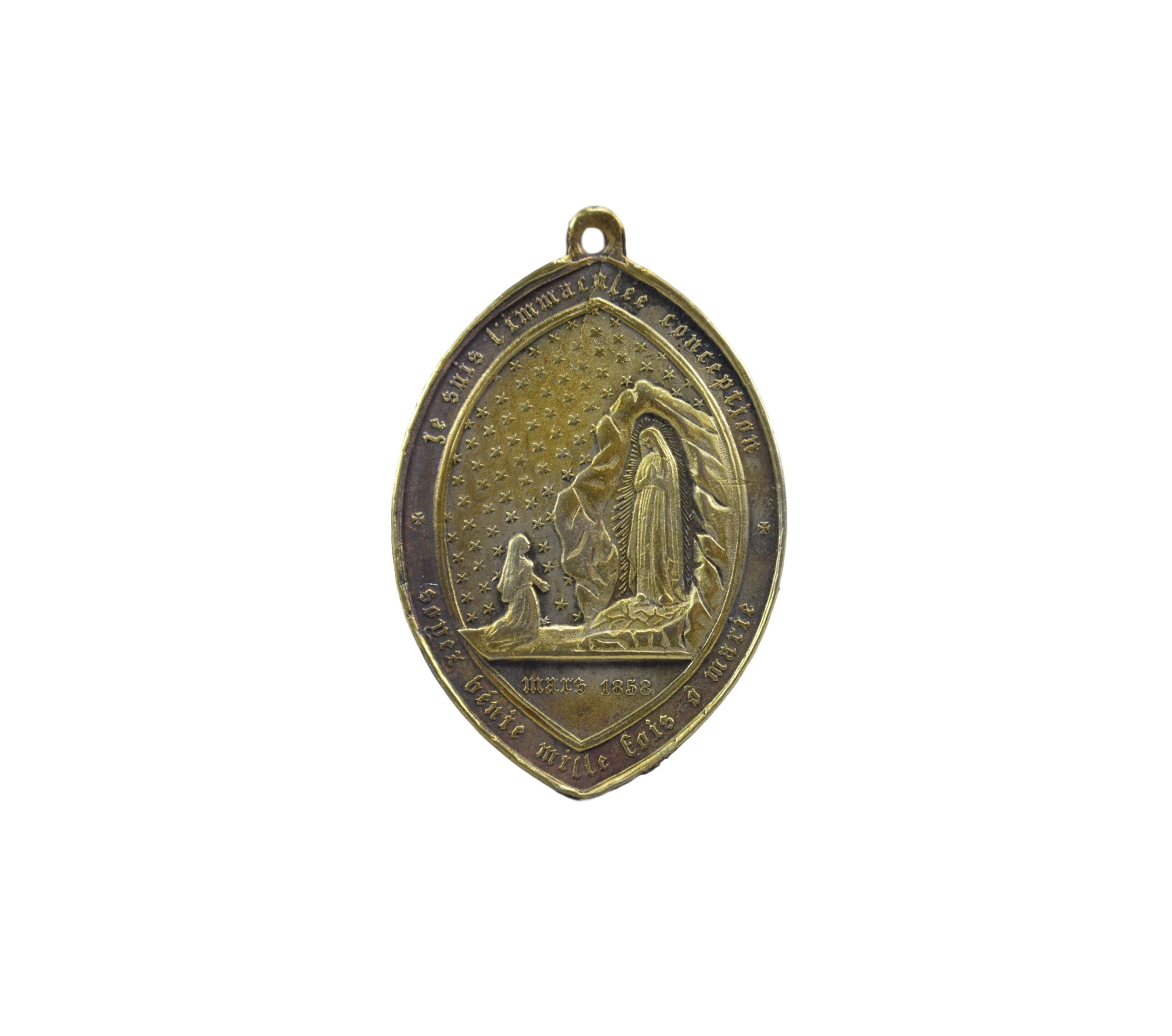 Religieux Antique Français Grande Médaille Lourdes en Laiton Penance Penance