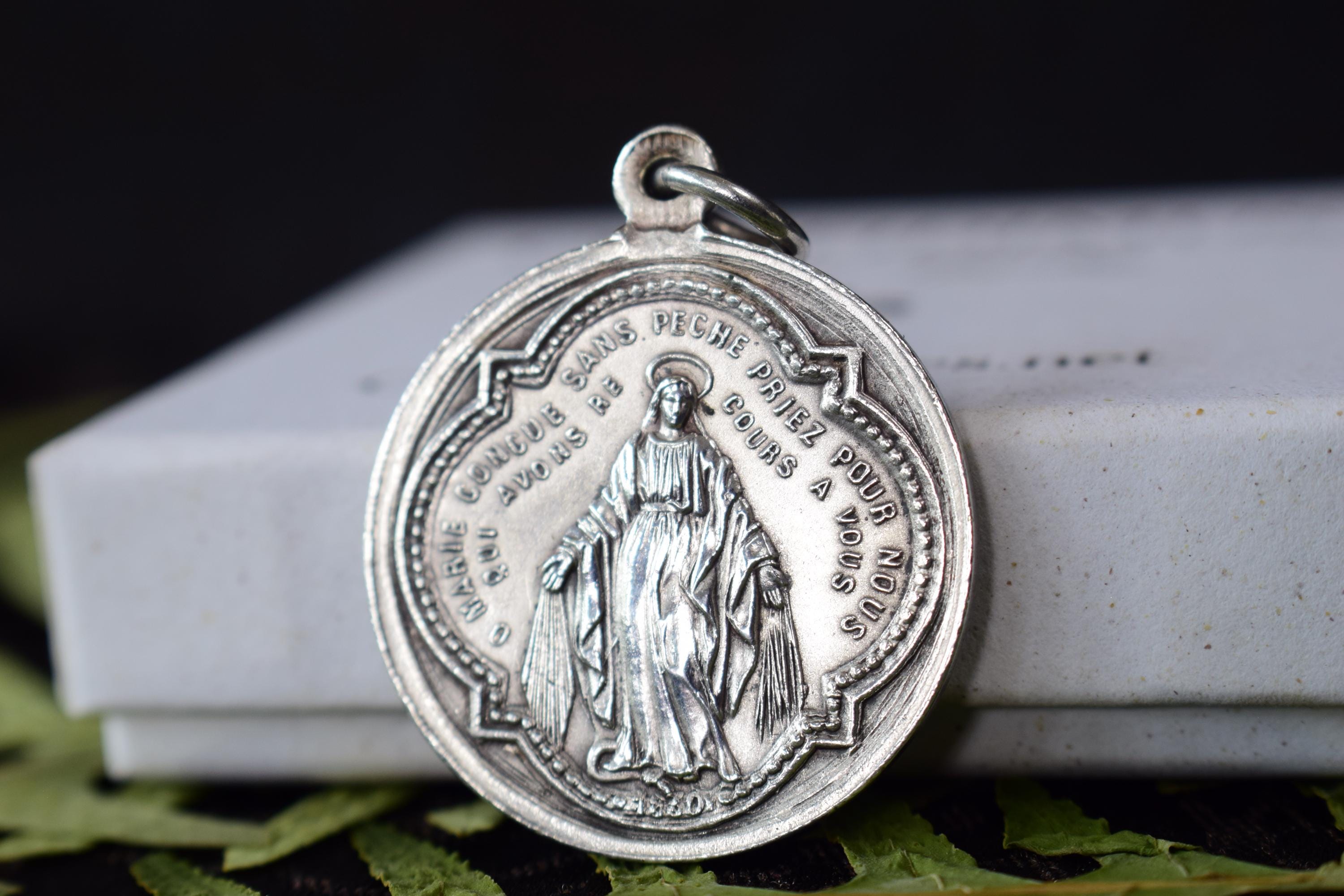 Miraculous Medal, Antique Silver Pendant of Mary, 1830 Religious Necklace, Catholic Gift