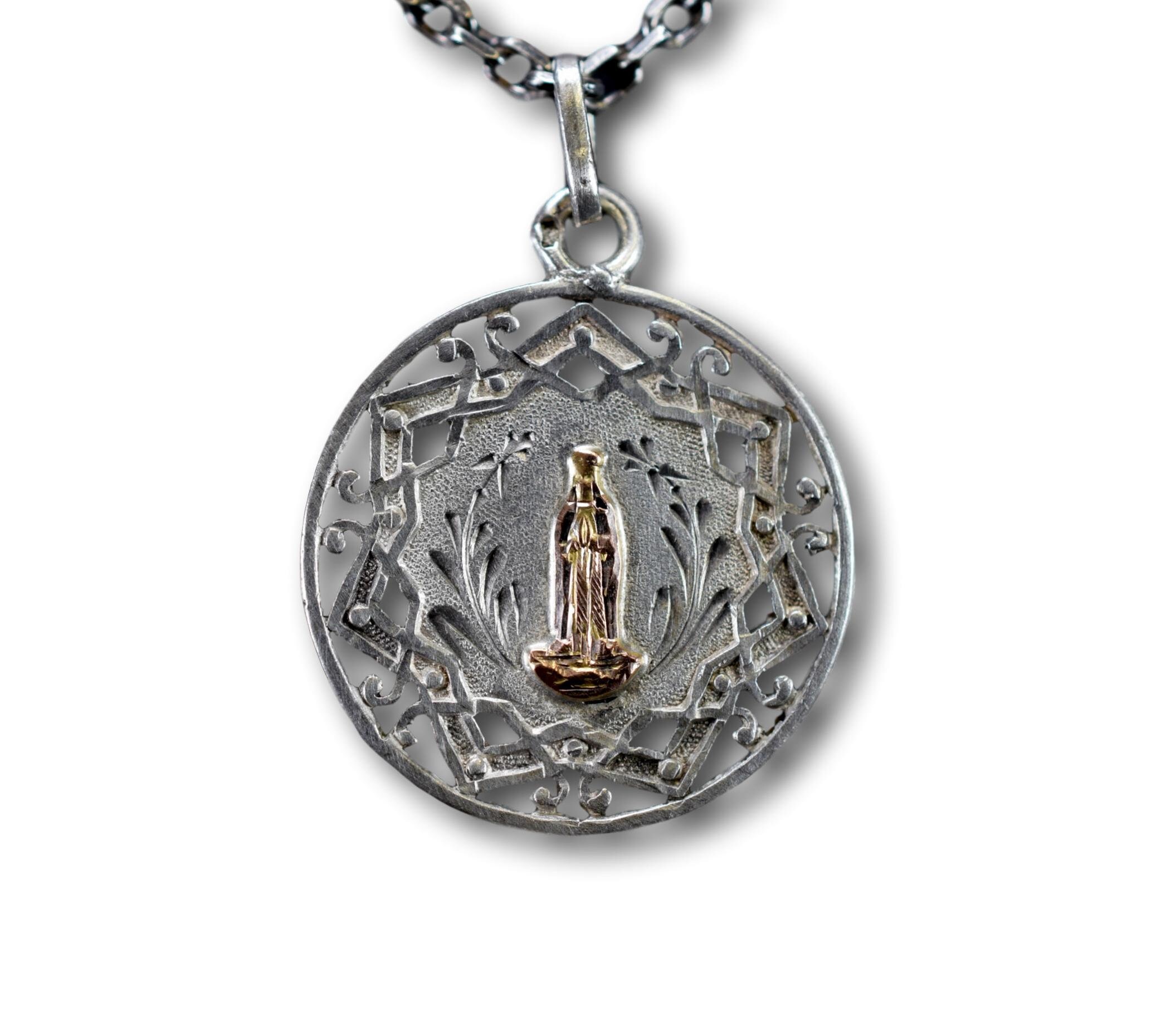 Notre-Dame de Lourdes Sterling Argent - Médaille d'or Français Pendentif Openwork Antique