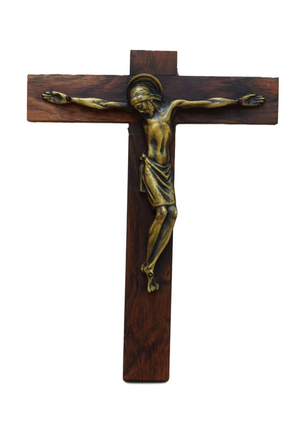French Antique Modernist Wall Cross Wood Hanging Bronze Crucifix Vintage Religious Gift Christ On The Communion
