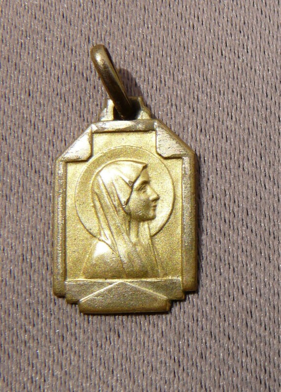 Français Médaille Religieuse Pendant Charm - Lourdes Vierge Marie Plaquée Or Art Déco Cadeau Communi