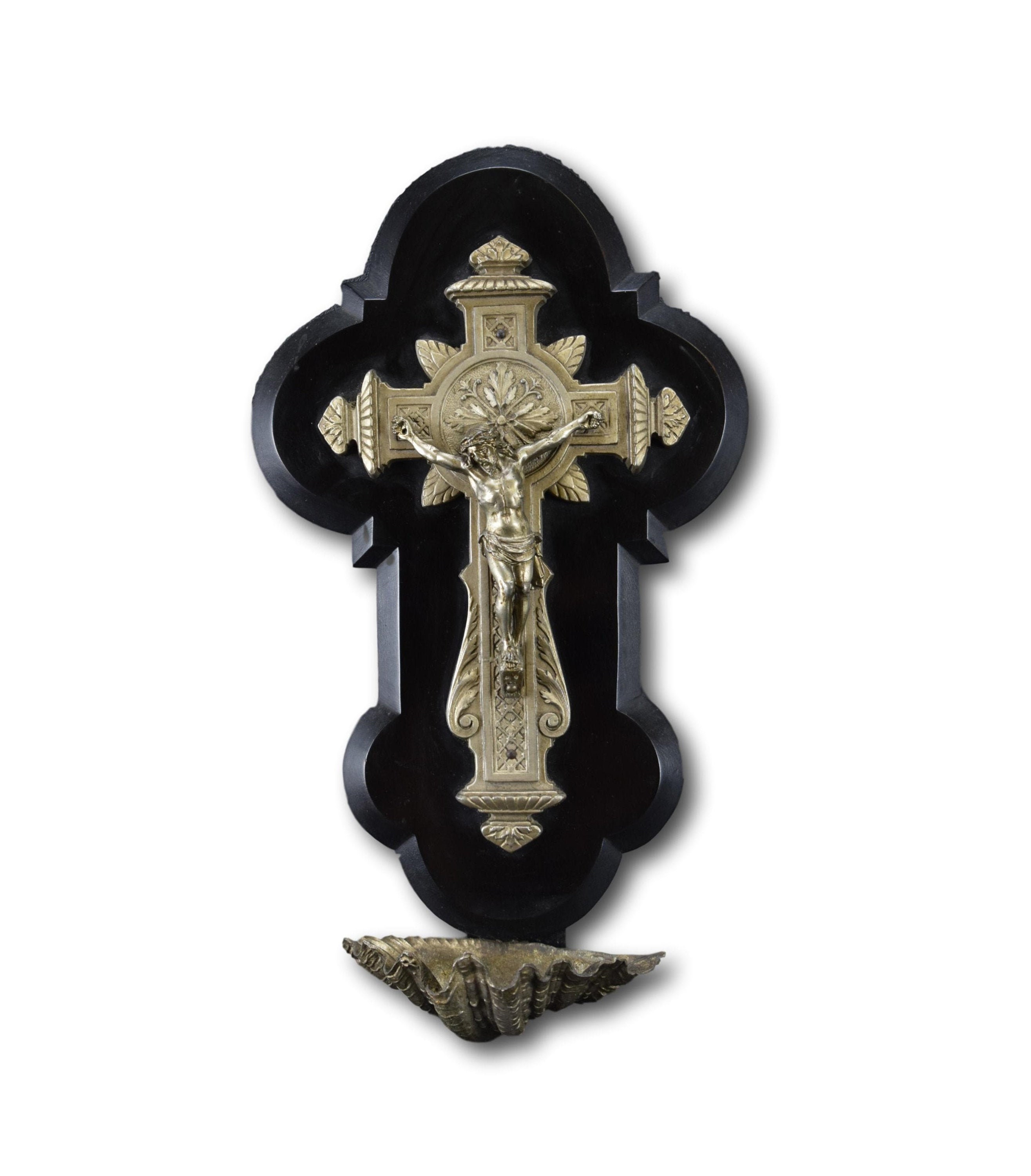Français Antique Black Wall Crucifix Police de L'eau Bénite