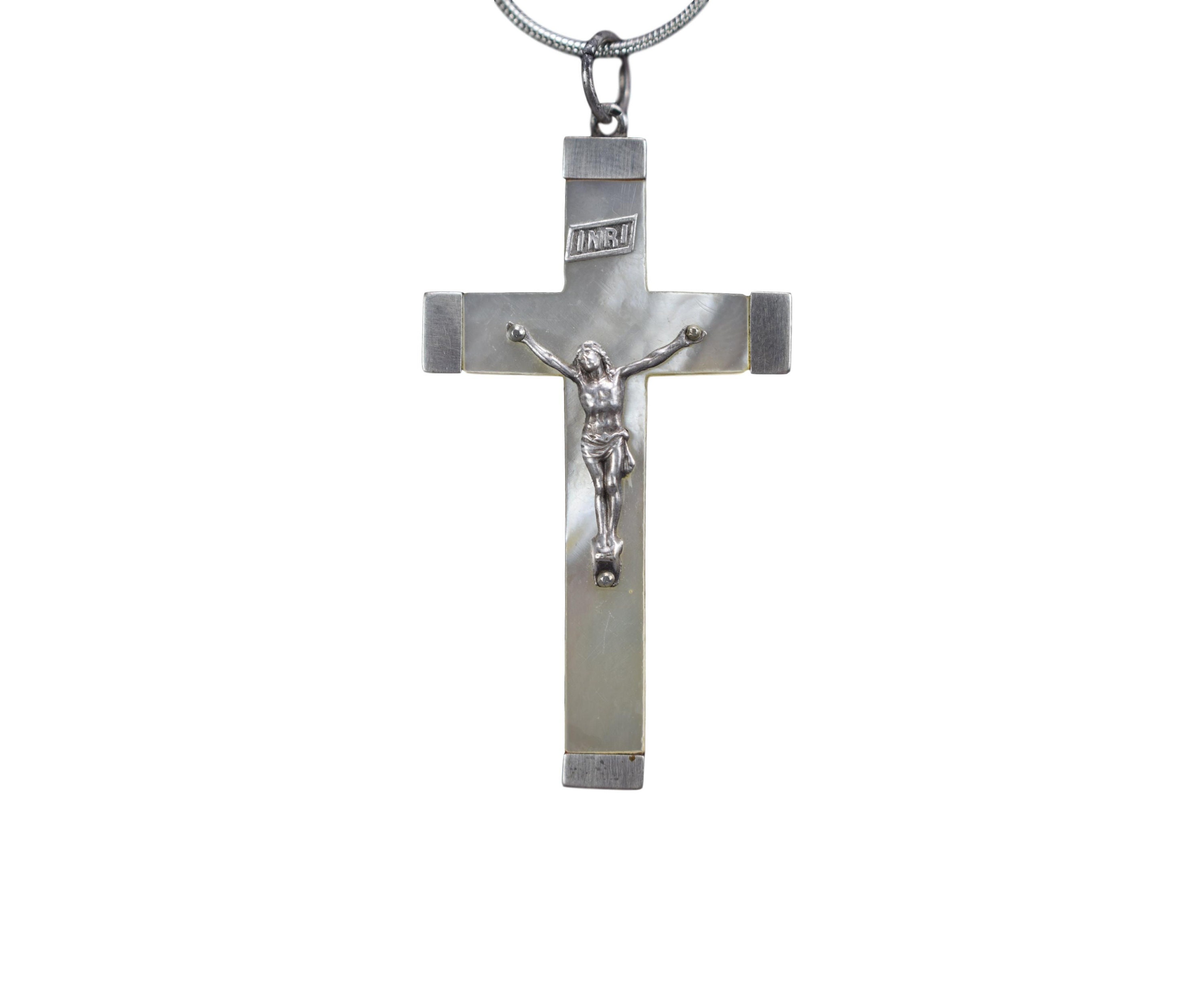 Argent Sterling & Mère de Perle Croix Crucifix Pendentif Collier