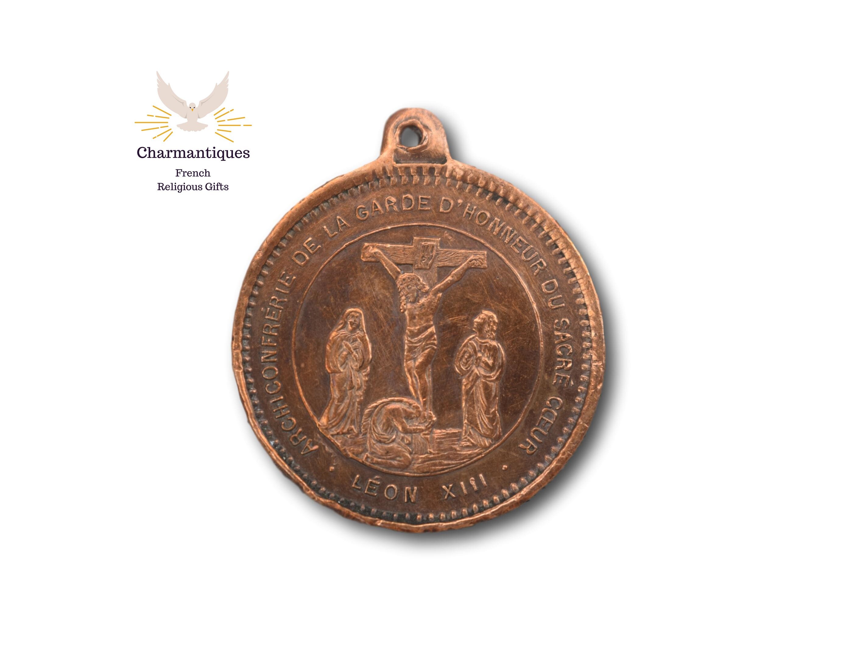 Médaille de La Crucifixion Jésus, 19E. C Pape Léon Xiii Pendentif, Français Antique Religious Copper