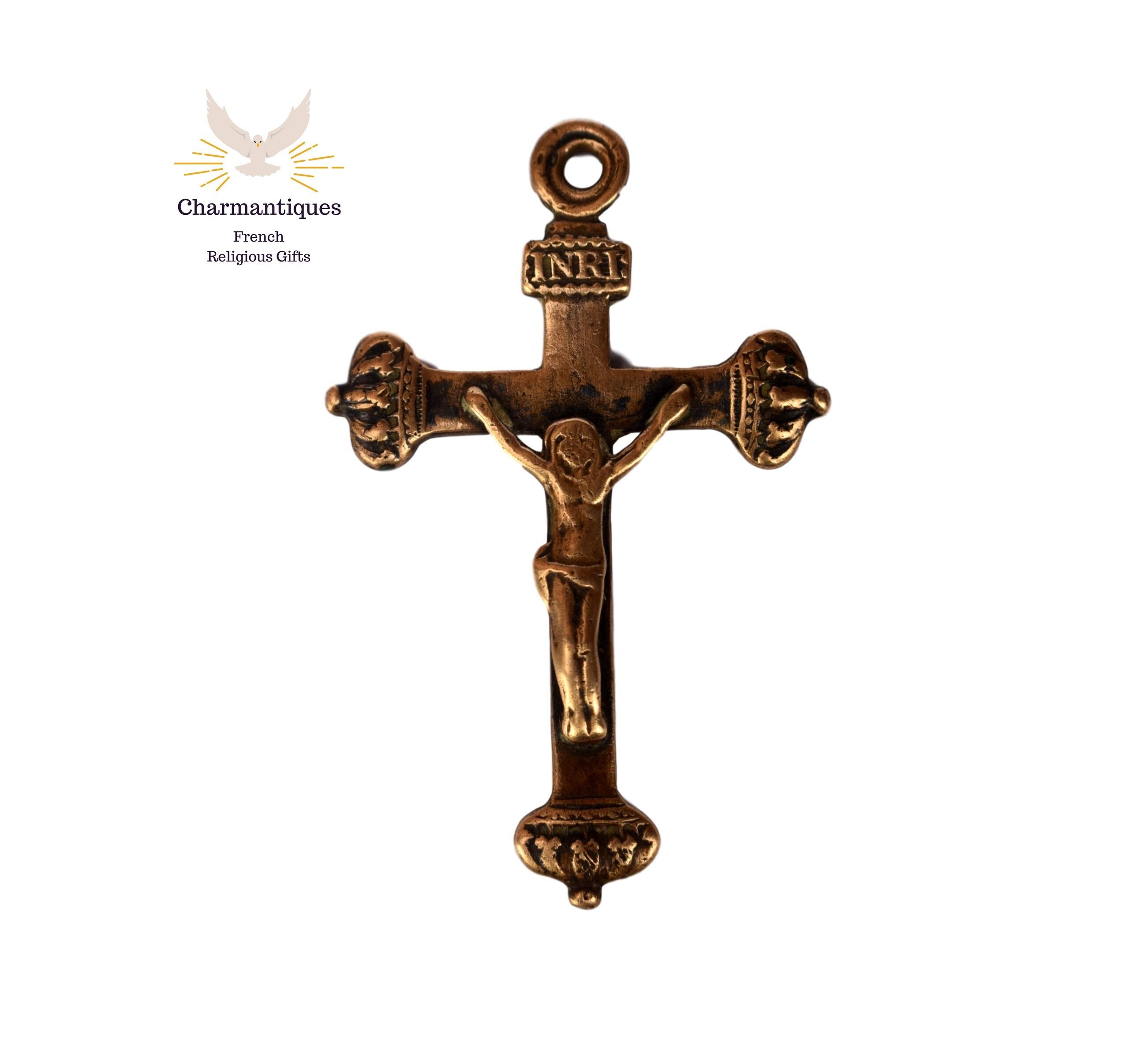 Français Ancien Pendentif Croix Pectorale en Laiton Crucifix avec Couronnes Souvenir de Mission 1822