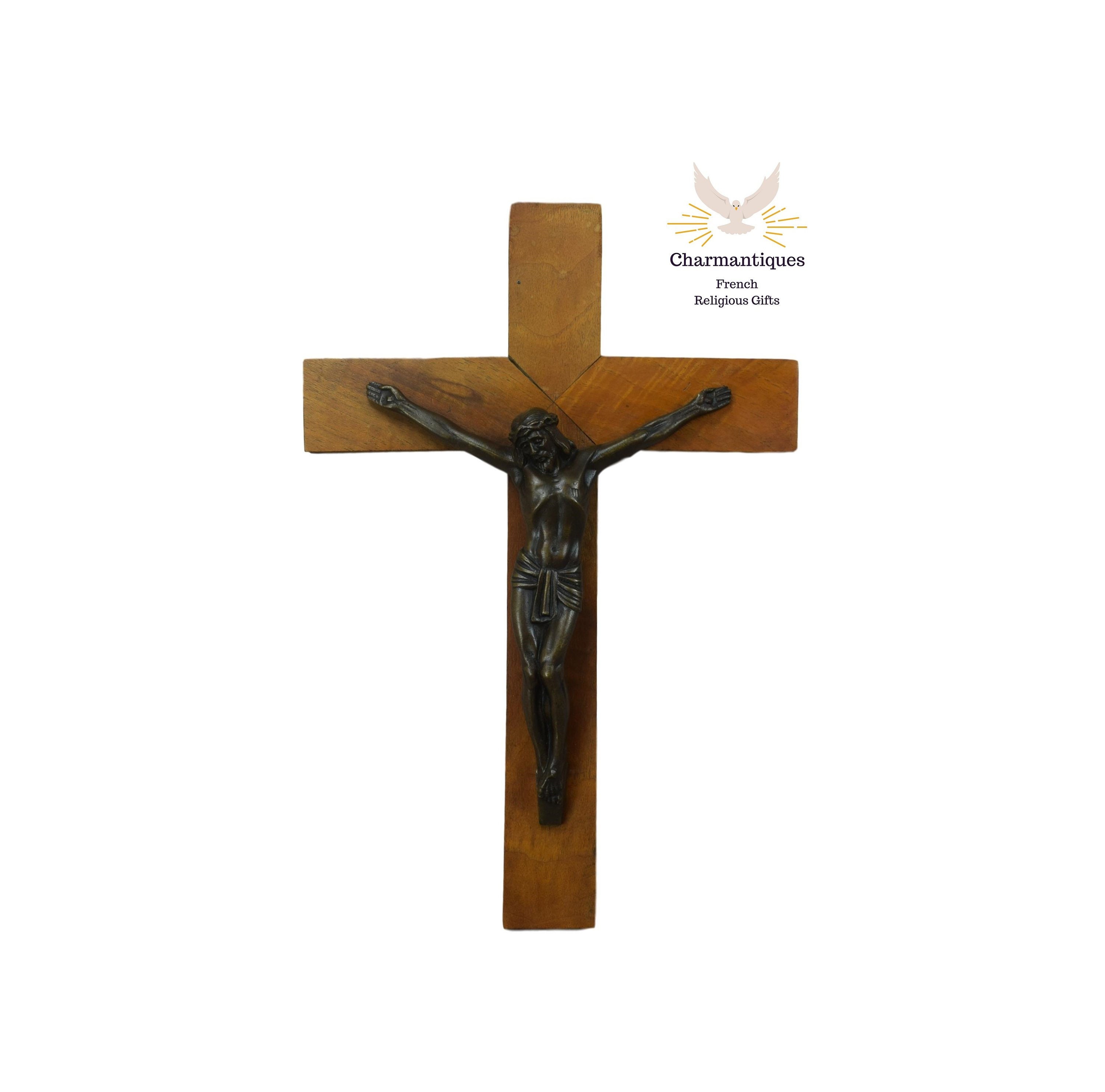 Bronze Antique Français et Murale en Bois Croix, Crucifix de Murale, Vintage Cadeau Religieux, Jésus