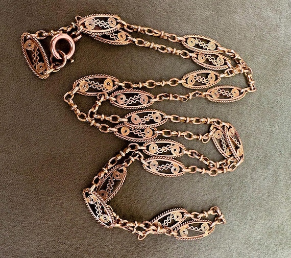 c1900 Filigree Gold-filled Chain Necklace, SAVARD Sautoir Necklace gift For Her, French Antique 18K Gold Jewelry