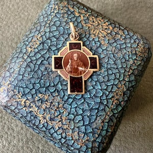 18k Gold Plated Silver Scapular Medal, Rare Beautiful Brown Enamels Cross Charm, Our Lady of Carmel, Sacred Heart of Jesus