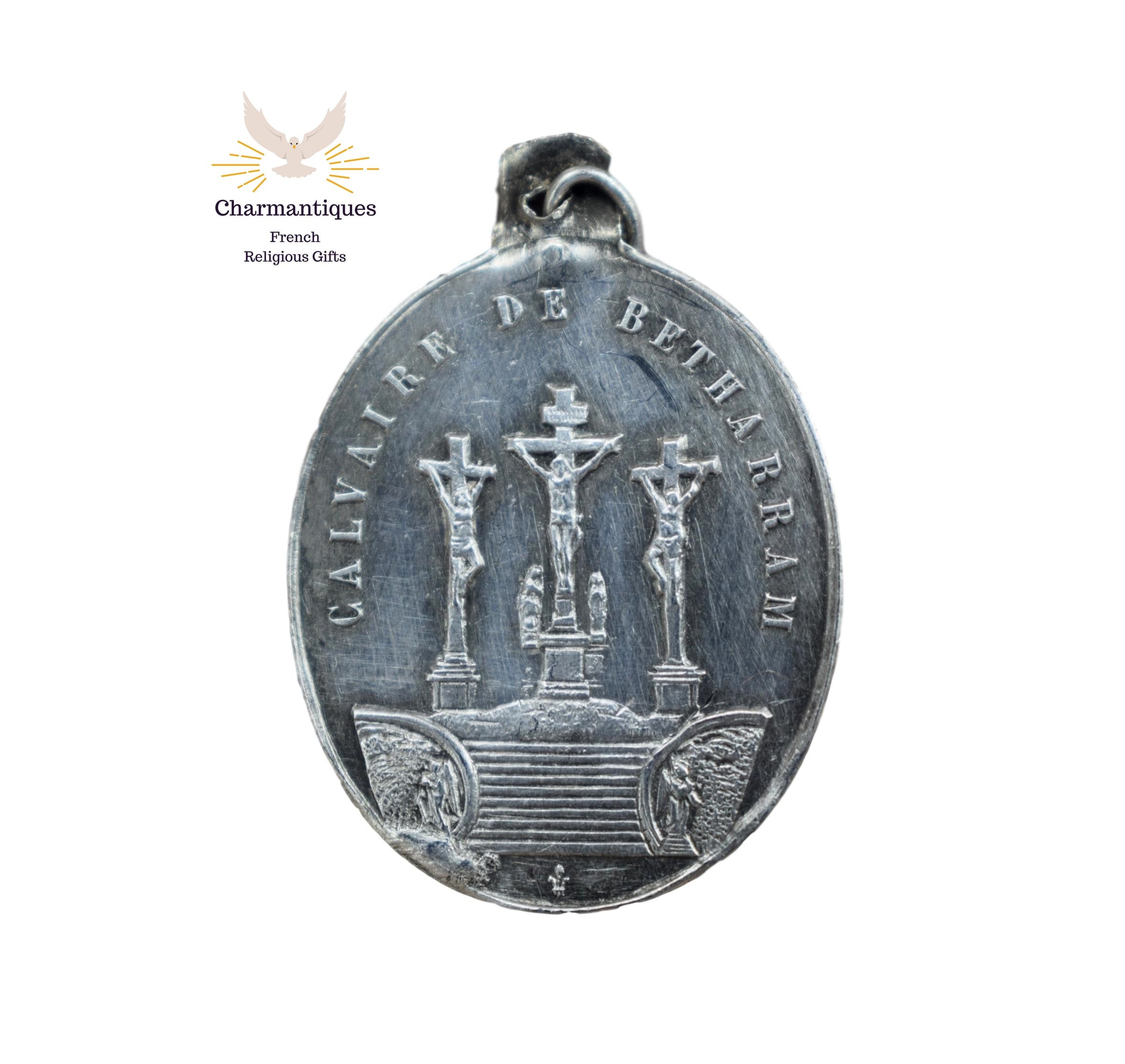 Betharram Calvary Medal, Français Antique Religious Sterling Silver Pendant, Our Lady Of Betharram C