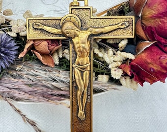 Gold Bronze Pectoral Cross, Modern Christ Crucifix Necklace by Hartmann For Men, Art Deco Religious Jewelry