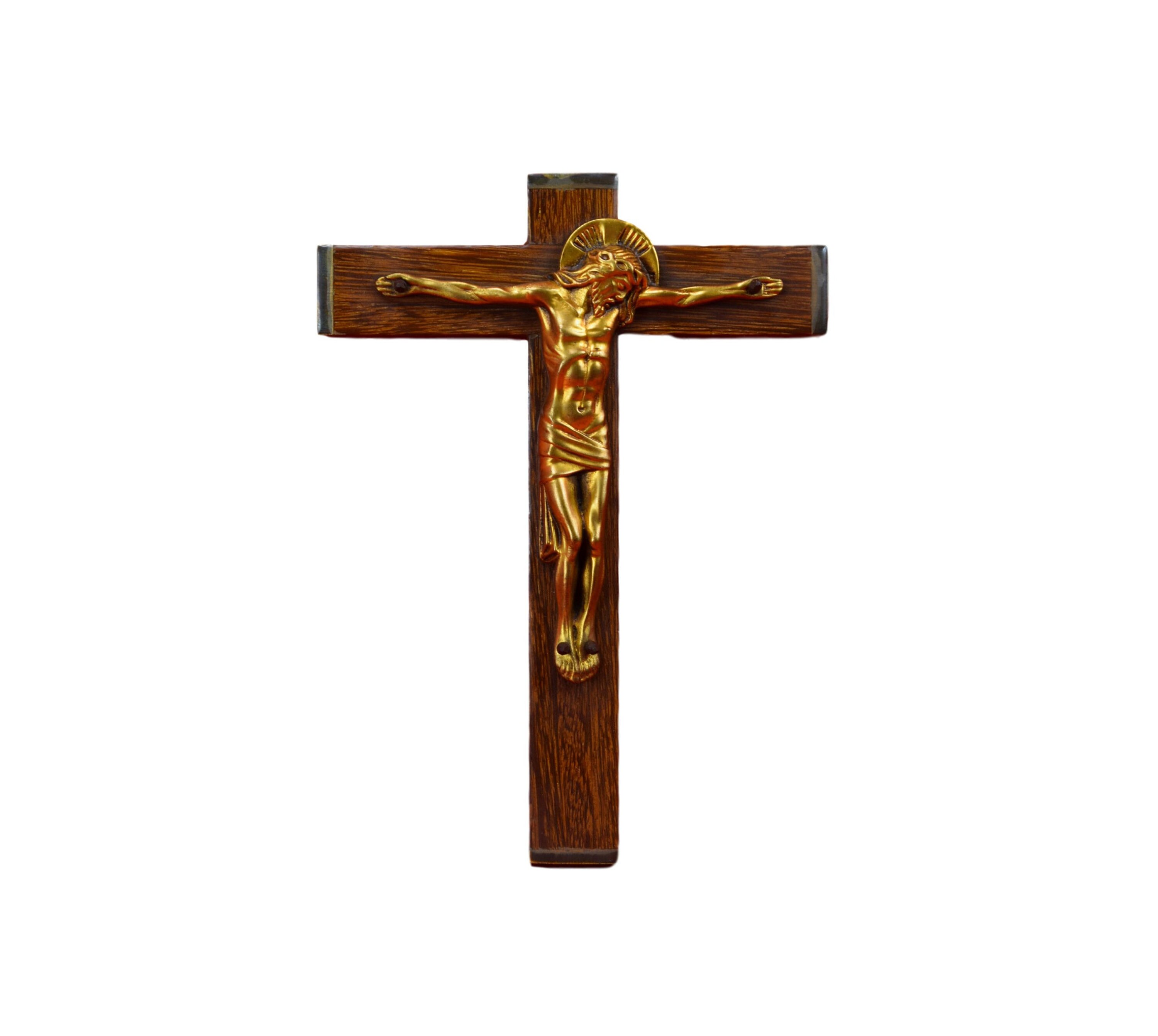 Français Du Milieu Siècle Ciselé Religieux Croix Crucifix Bronze sur Mur en Bois